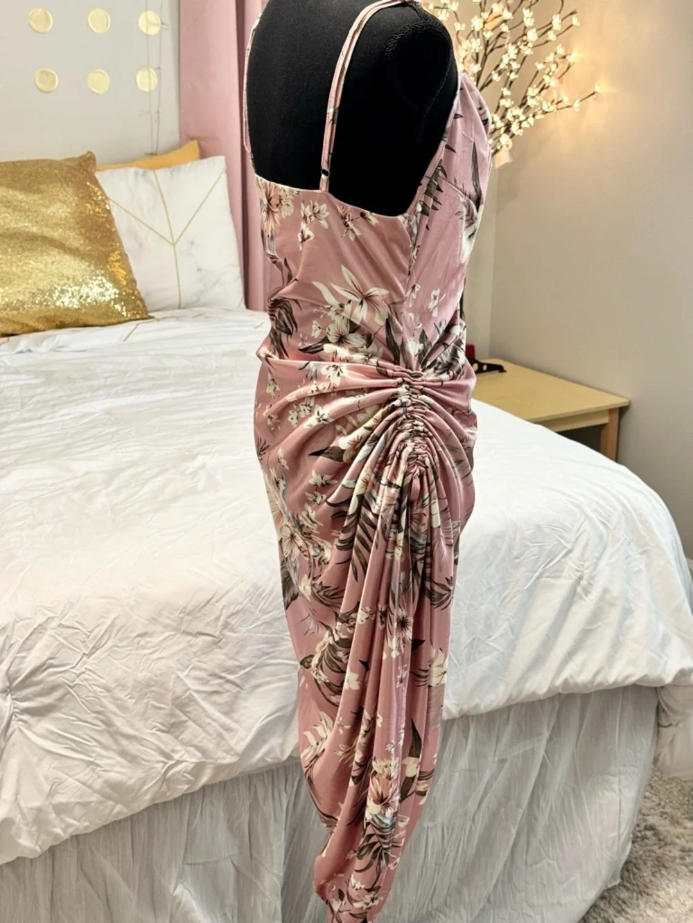 Mauve Floral Cowl Neck Ruched Slip Dress - Picture 4 of 8